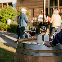 Gläser mit Weißwein, Rosé und Rotwein auf einem Weinfass bei der Wine &amp; Chill Party im Weingut Zur Schwane in Volkach